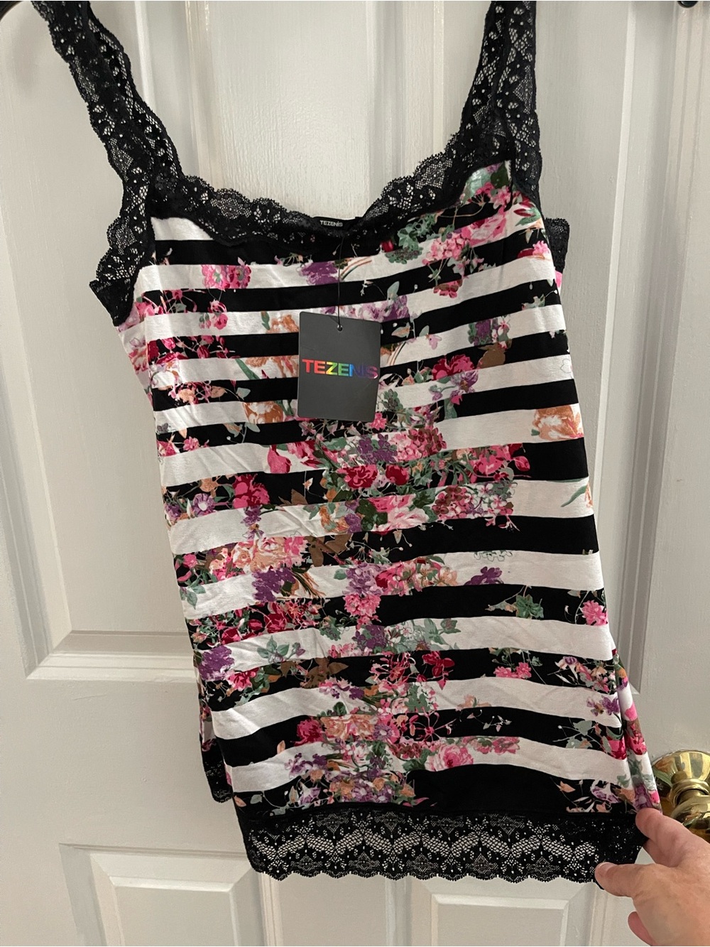 Tezenis Women's Black & White Striped Floral Lace Tank Top
